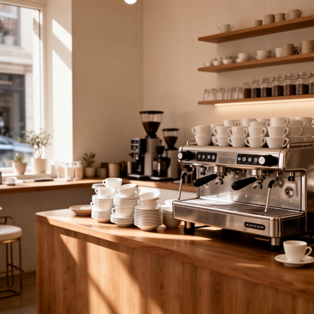 Interiér specialty kavárny s espresso šálky